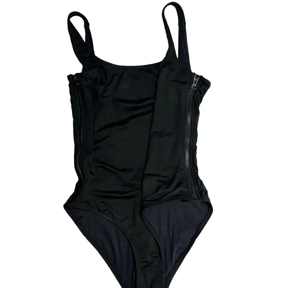 J.CREW Swimwear Solid Black Side Zippers One Piece Swimsuit sz 6